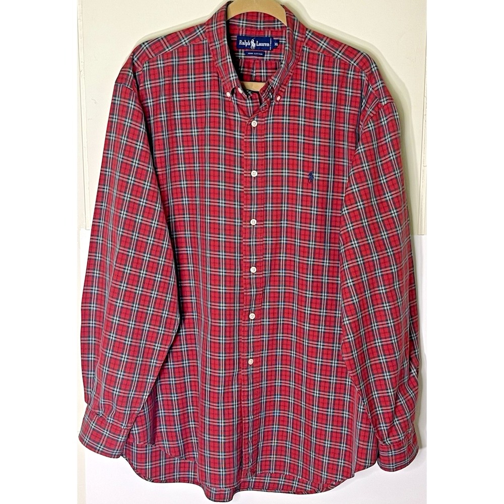 Ralph Lauren Plaid Shirt Men XL‎ Long Sleeve Button Down Green Red Classic Fit